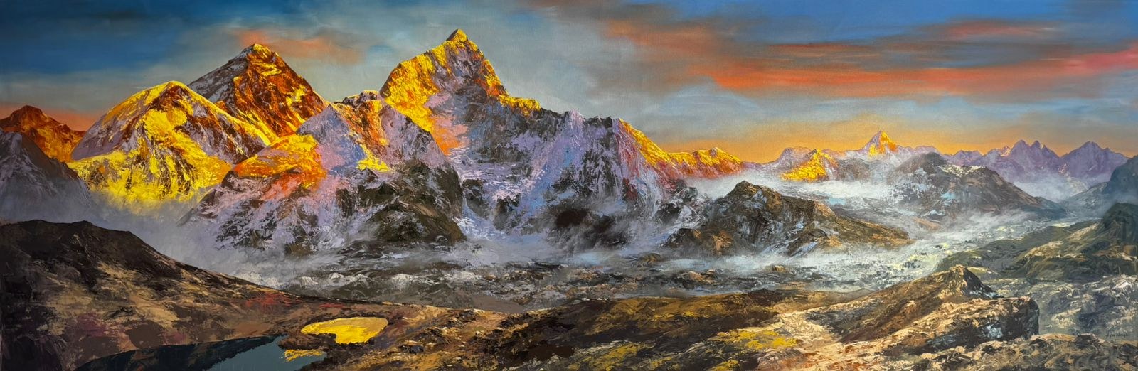 Everest Sunrise Panorama — Hand-painted, oil on canvas with textured brushwork.