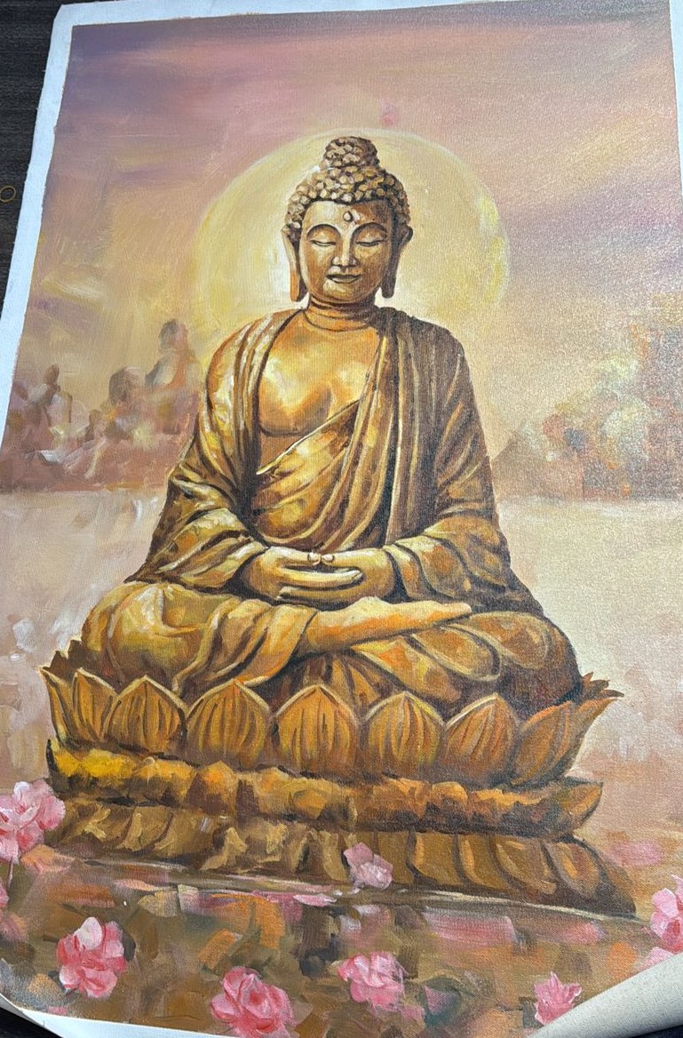 Hand-painted golden Buddha on a lotus, one of the thangka paintings at Nepal Art Gallery