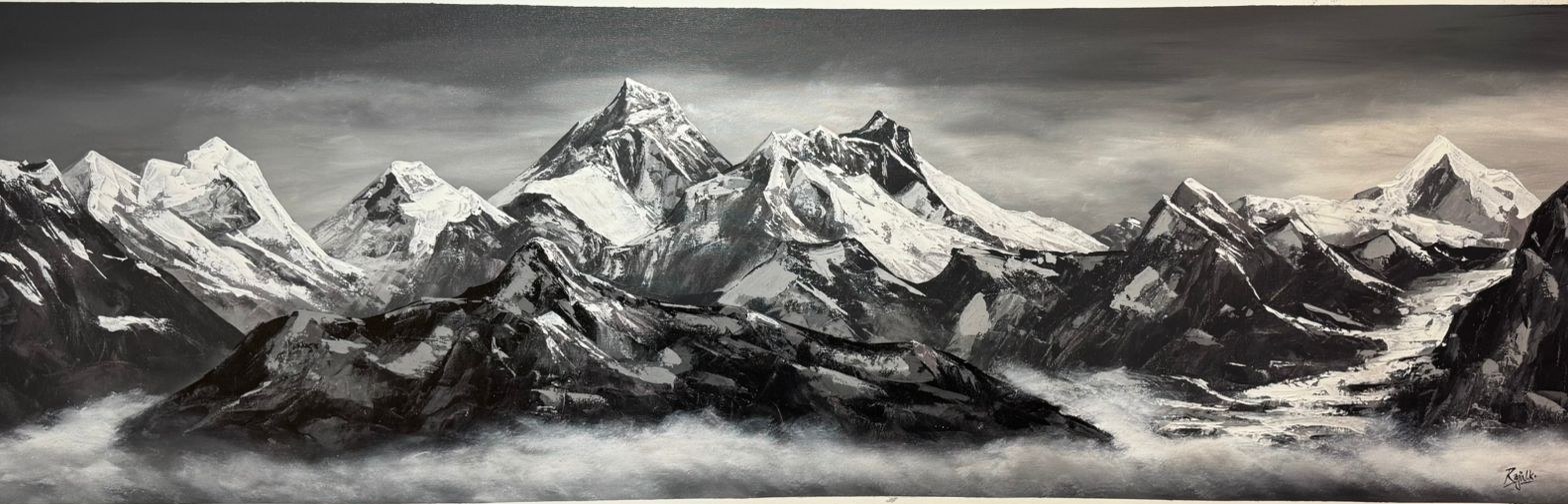 Black & White Himalaya Panorama — Hand-painted monochrome panorama, acrylic on canvas.
